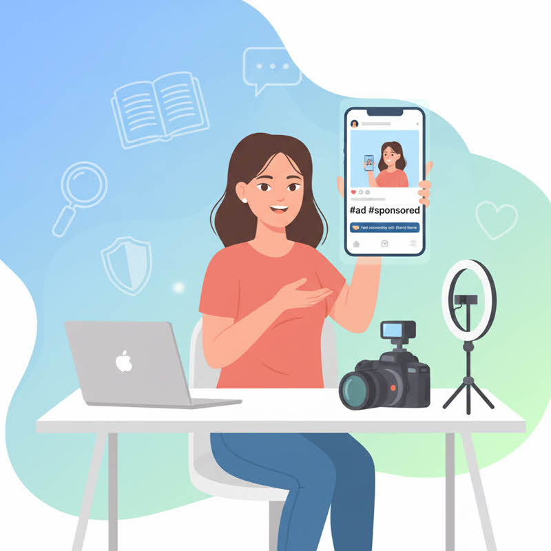 Minh họa về sự minh bạch trong tiếp thị mạng xã hội với hashtag #ad, #sponsored và nhãn “Paid partnership”.