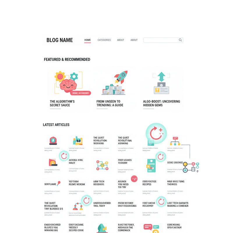 Minh họa blogroll với bài ít view được thuật toán gợi ý, tối ưu CMS và content boosting tăng hiển thị và traffic tự nhiên.