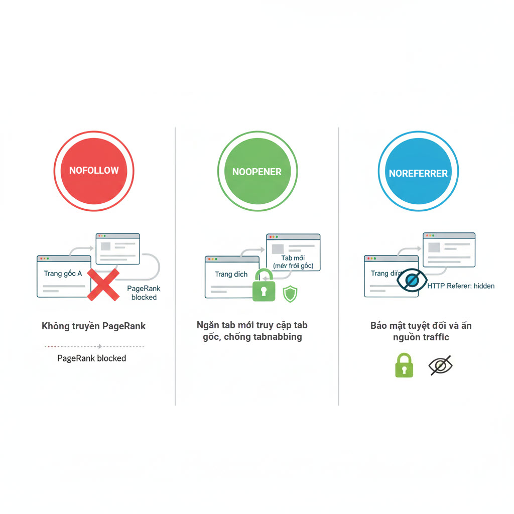 Minh họa rel Nofollow, Noopener, Noreferrer, so sánh tác động SEO và bảo mật khi mở liên kết ra tab mới.