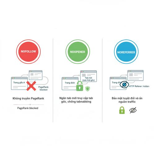Minh họa rel Nofollow, Noopener, Noreferrer, so sánh tác động SEO và bảo mật khi mở liên kết ra tab mới.