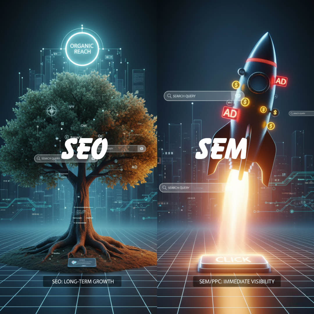 Sự khác biệt cốt lõi giữa SEO và SEM (gồm PPC): SEO tăng traffic miễn phí, bền vững nhưng chậm; SEM (PPC) tăng traffic tức thì nhưng tốn chi phí. Cần kết hợp cả hai.