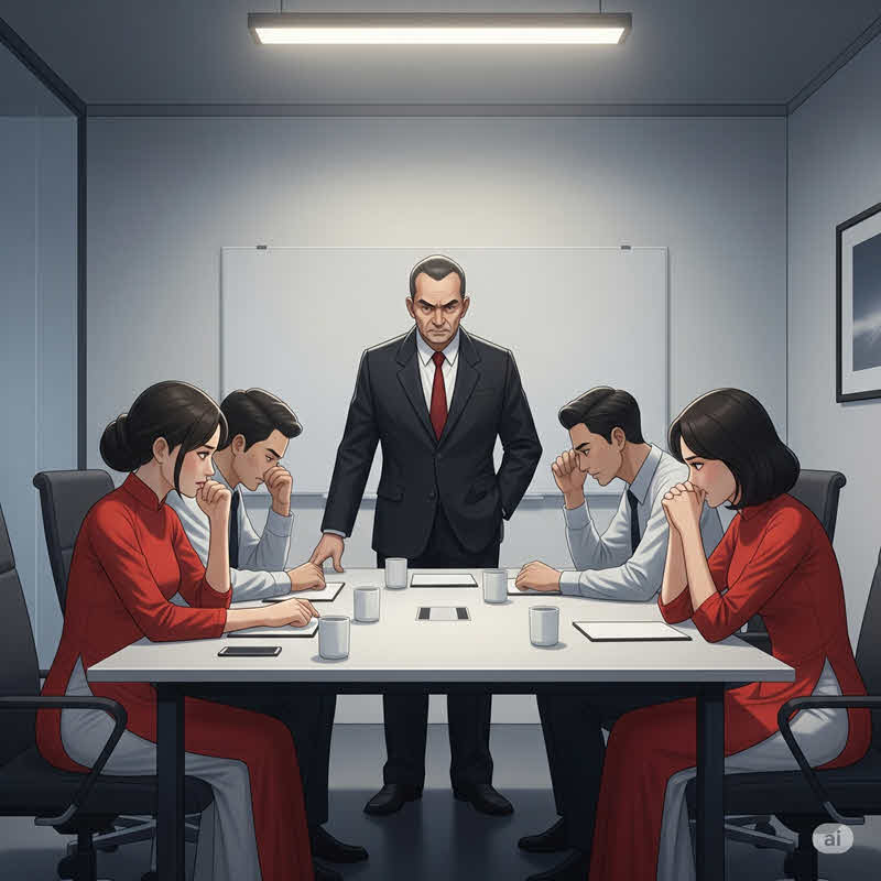 Phòng họp công sở căng thẳng, nhân viên sợ hãi cúi đầu trước sếp uy quyền;