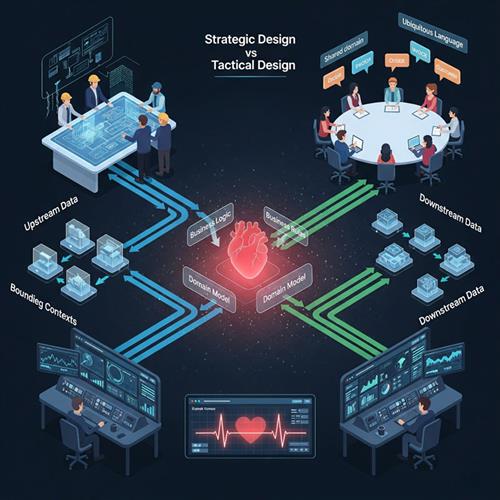 Minh họa các nguyên lý Domain-Driven Design (DDD) với Business Logic, Ubiquitous Language, và dòng chảy dữ liệu hệ thống.