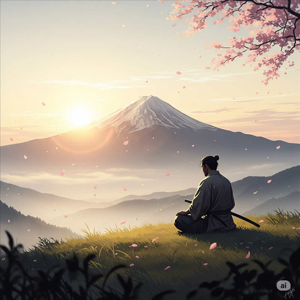 Samurai ngồi thiền trước bình minh, hướng về núi Phú Sỹ – biểu tượng cho sự tĩnh lặng, tập trung và tinh thần thiền Nhật Bản.