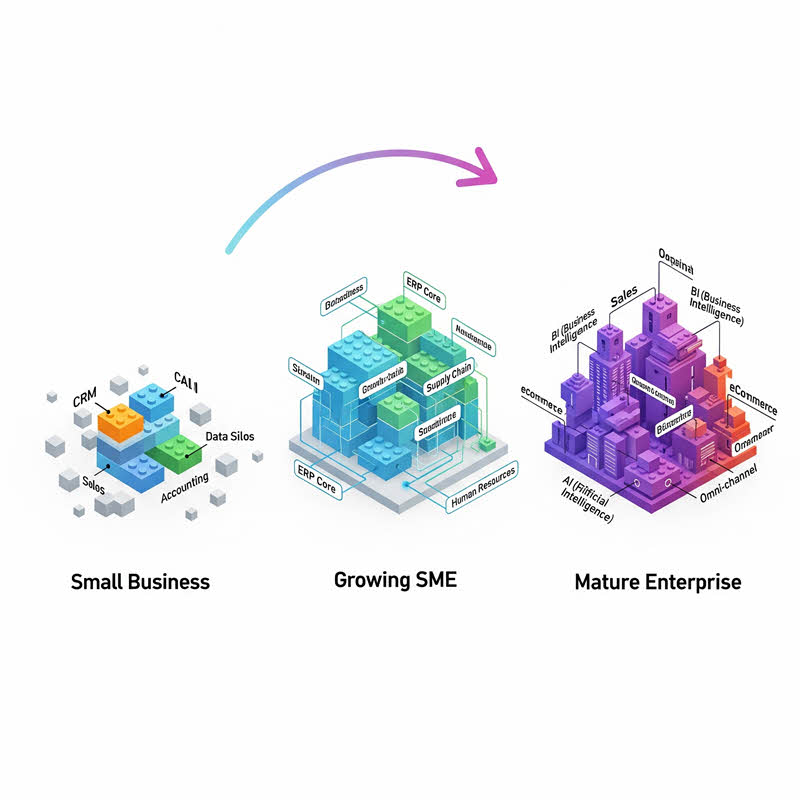 Triết lý “Expand As You Grow” của Odoo: bắt đầu nhỏ, mở rộng mô-đun linh hoạt theo sự phát triển doanh nghiệp.