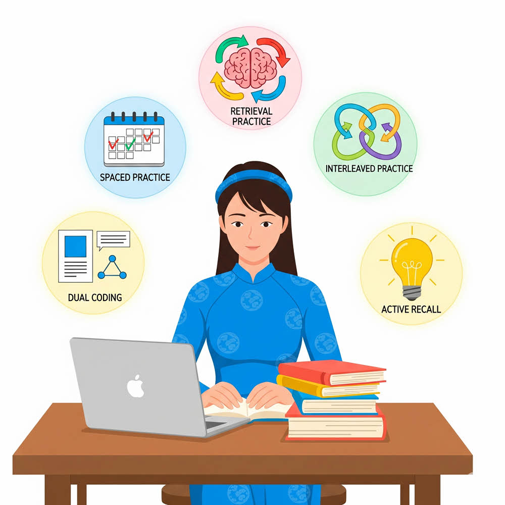Các phương pháp học hiệu quả gồm Spaced Practice, Retrieval Practice, active recall, interleaved practice, dual coding và các kỹ thuật bổ trợ giúp ghi nhớ lâu hơn