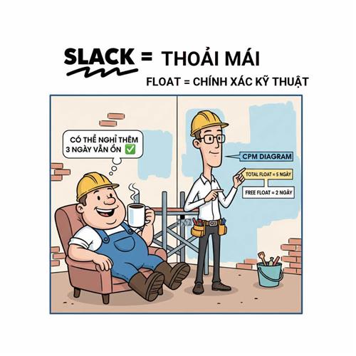 Slack là khái niệm chung về thời gian rảnh, Float là thuật ngữ CPM với Total Float và Free Float được tính toán rõ ràng.