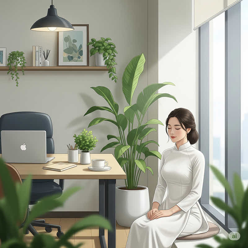 Cô gái Việt mặc áo dài tĩnh tâm trong phòng làm việc hiện đại, thể hiện quán chiếu nội tâm và sự tỉnh thức nơi công sở.