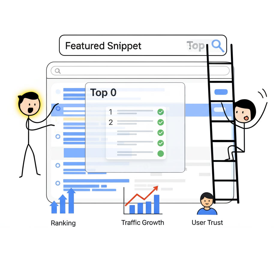 Minh họa cách tối ưu Featured Snippet giúp bài viết đạt vị trí Top 0 trên Google và tăng lượt click tự nhiên.