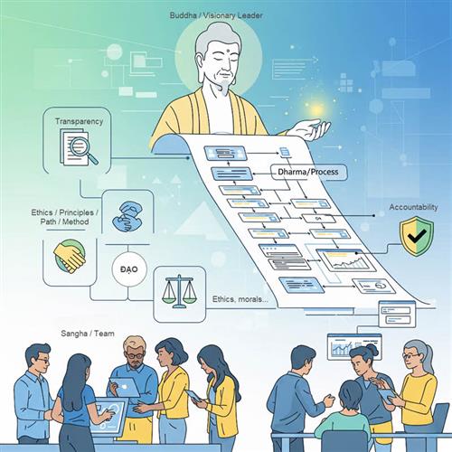 Minh họa Tam Bảo + Đạo trong quản lý dự án IT: leader, quy trình, team và nguyên tắc làm việc tích hợp hiệu quả.