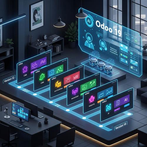 Tiến hóa tính năng Odoo 13–18 và dự báo tương lai với AI, tự động hóa, low-code và mở rộng linh hoạt cho doanh nghiệp.