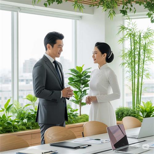Doanh nhân Nhật trò chuyện với cô gái Việt mặc áo dài trong văn phòng xanh, gợi sự giao lưu văn hóa và cân bằng công việc – cuộc sống.