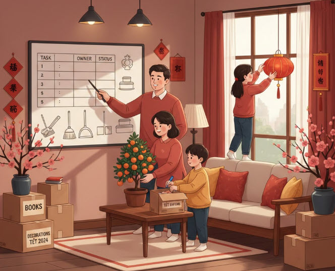 Dọn nhà đón Tết bằng Kaizen và 3S: làm từng chút, phân vai rõ, giao tiếp tích cực để gia đình bớt căng và gắn kết hơn.