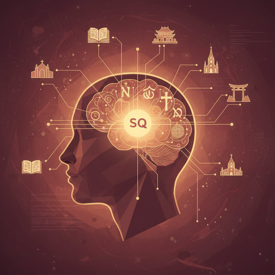 Hình minh họa trí tuệ tâm linh SQ, kết nối tín ngưỡng dân gian và ngôn ngữ tôn giáo toàn cầu trên nền đỏ thẫm sang trọng, thúc đẩy phát triển tư duy.