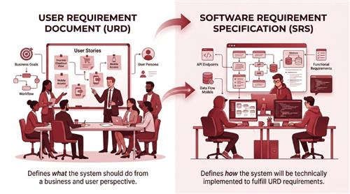 Minh họa sự khác biệt giữa URD và SRS trong dự án phần mềm: URD mô tả nhu cầu người dùng, SRS đặc tả chi tiết hệ thống để đội phát triển triển khai.