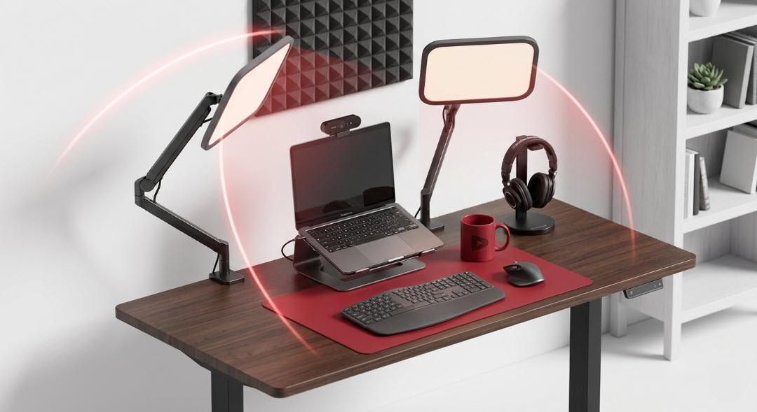 Sơ đồ setup ánh sáng chuyên nghiệp cho webcam với đèn LED Panel và Softbox, tông màu đỏ chủ đạo giúp tối ưu chất lượng video YouTube.