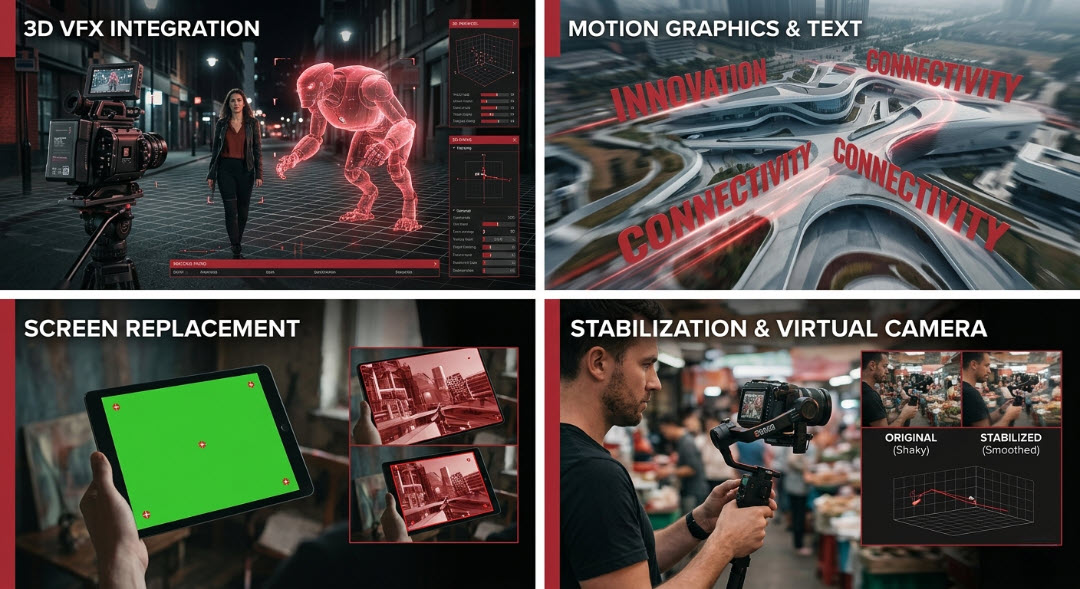 Các ứng dụng thực tế của Camera Tracking trong dựng phim: VFX, đồ họa chuyển động, thay thế màn hình và ổn định hình ảnh chuyên nghiệp.