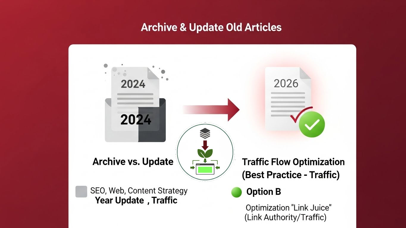 Tóm tắt 3 phương án: Update, Archive, Clone bài viết cũ. Giúp giữ Link Juice, tránh Duplicate Content & Cannibalization, tối ưu SEO cho năm 2026.