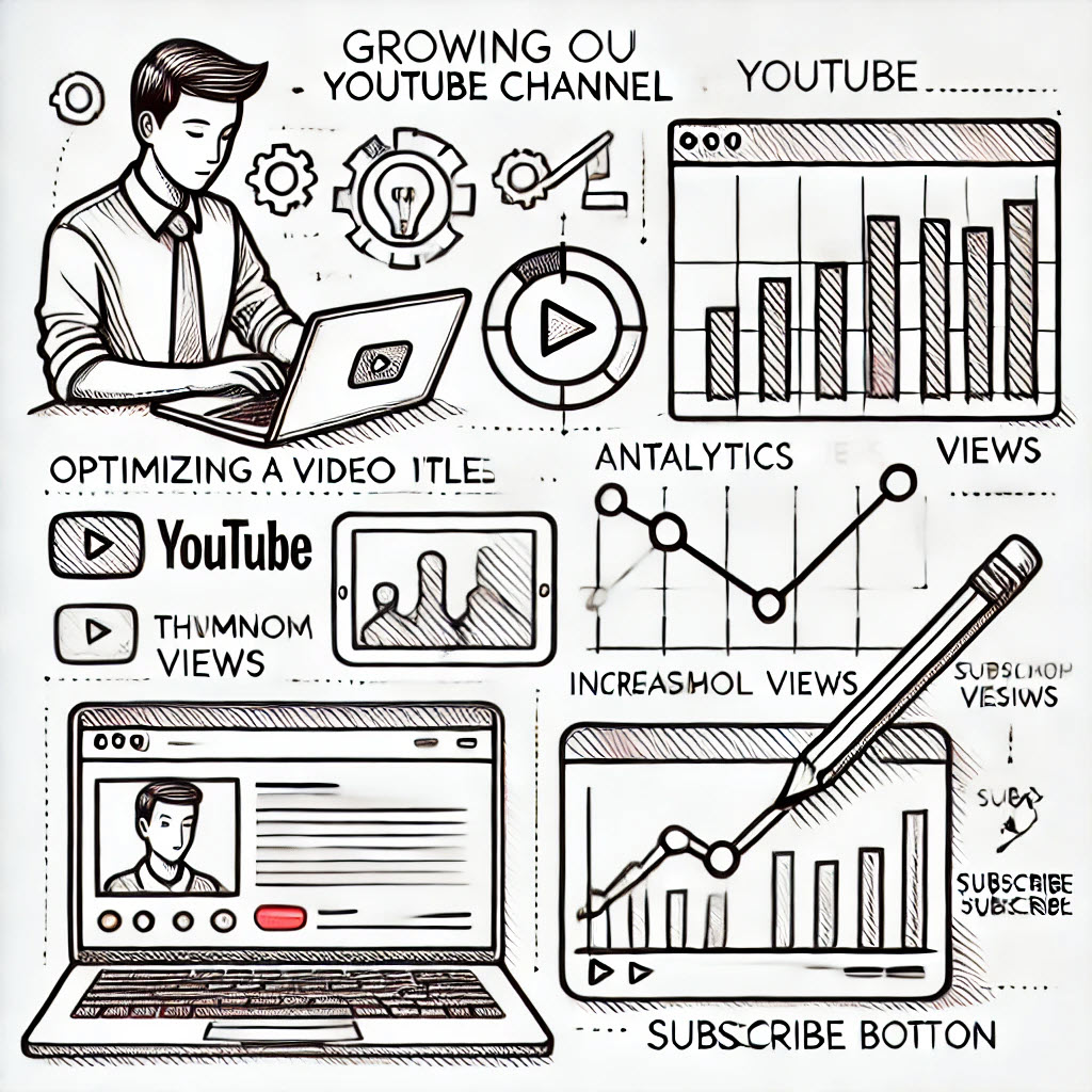 Minh họa các yếu tố phát triển kênh YouTube: tối ưu tiêu đề, phân tích lượt xem, thiết kế thumbnail, và tăng subscribe.