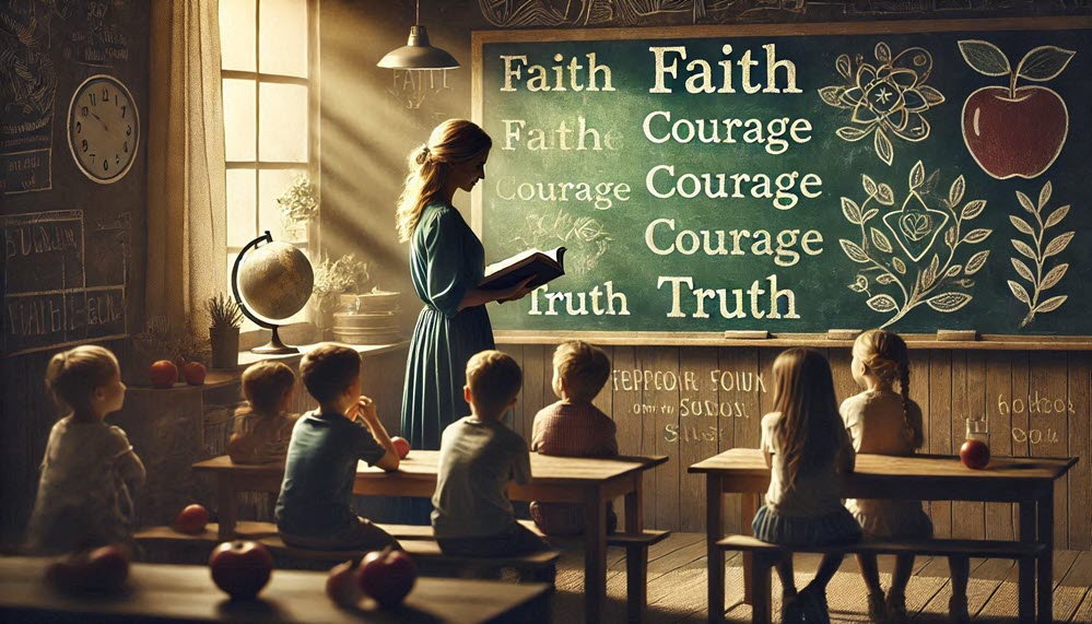A peaceful classroom scene with a teacher gently guiding a group of children, showing them important life lessons. In the background, a chalkboard displays inspirational quotes, including words like 'faith,' 'courage,' and 'truth.' The teacher is holding a book, and the children are engaged, listening intently. The atmosphere is warm and nurturing, symbolizing the teachings of Abraham Lincoln on kindness, leadership, and life skills. The image conveys hope, learning, and personal growth, with a soft and inviting color palette.