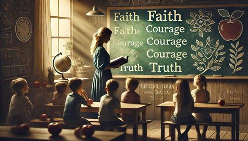 A peaceful classroom scene with a teacher gently guiding a group of children, showing them important life lessons. In the background, a chalkboard displays inspirational quotes, including words like 'faith,' 'courage,' and 'truth.' The teacher is holding a book, and the children are engaged, listening intently. The atmosphere is warm and nurturing, symbolizing the teachings of Abraham Lincoln on kindness, leadership, and life skills. The image conveys hope, learning, and personal growth, with a soft and inviting color palette.